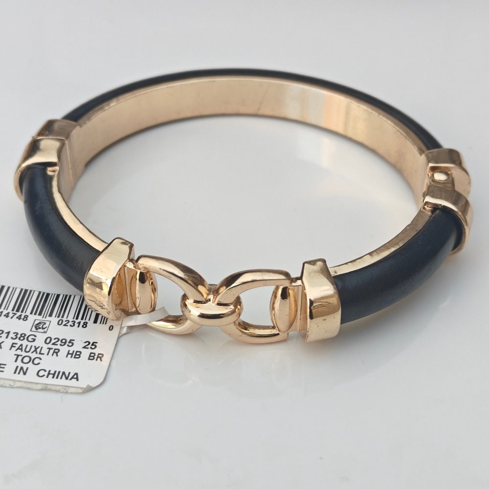 Macys Gold Tone Black Faux Leather Bangle Bracelet Cuff Hinged Minimalist